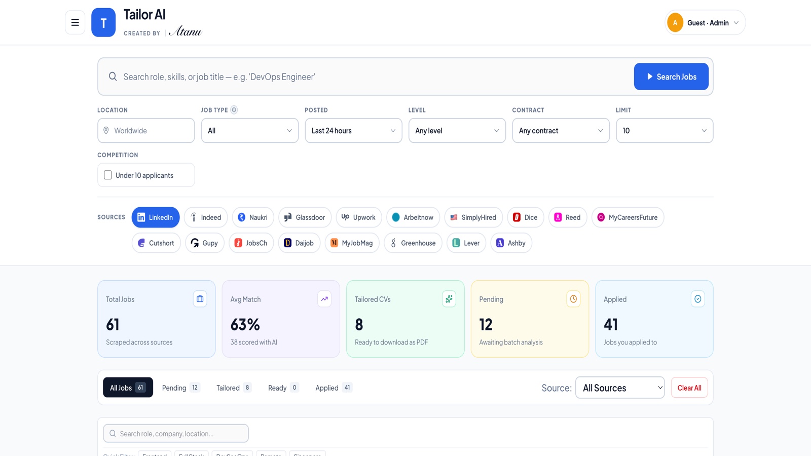 Tailor AI dashboard — 18 sources, AI-scored job cards and uniform actions