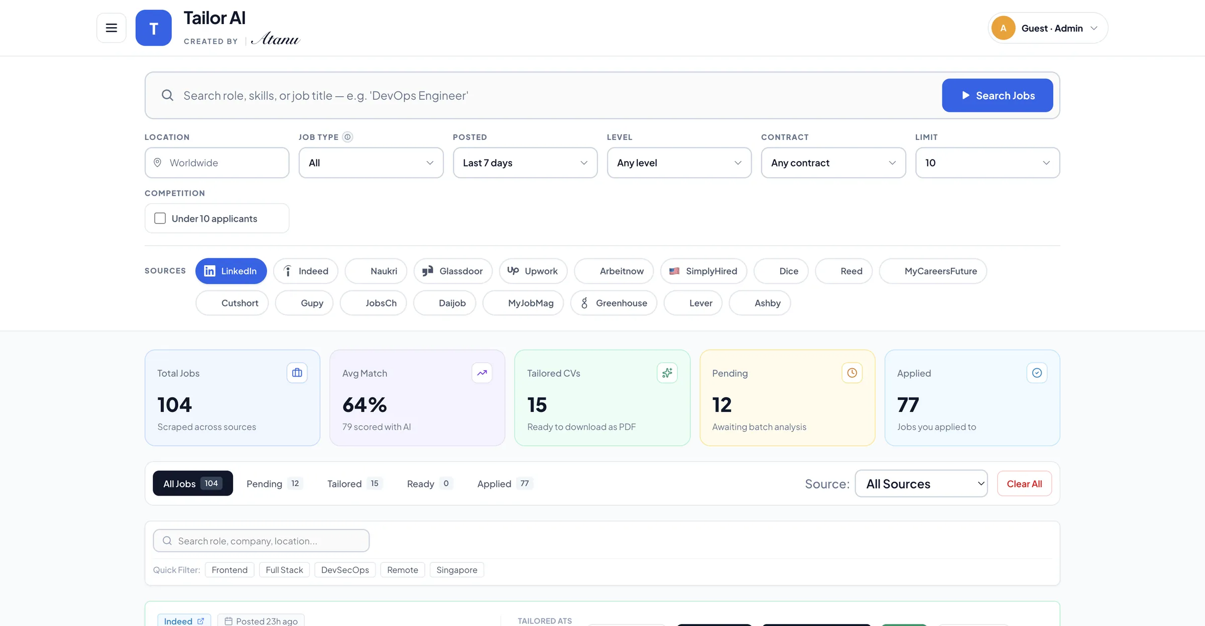 Tailor AI local dashboard with 27 job sources, match scores, and uniform actions