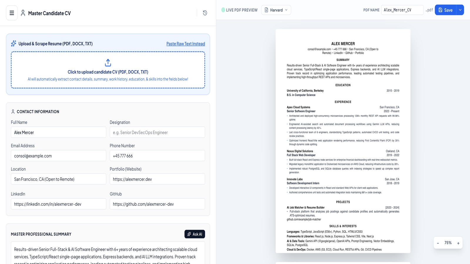 Master CV editor with live A4 preview and template export