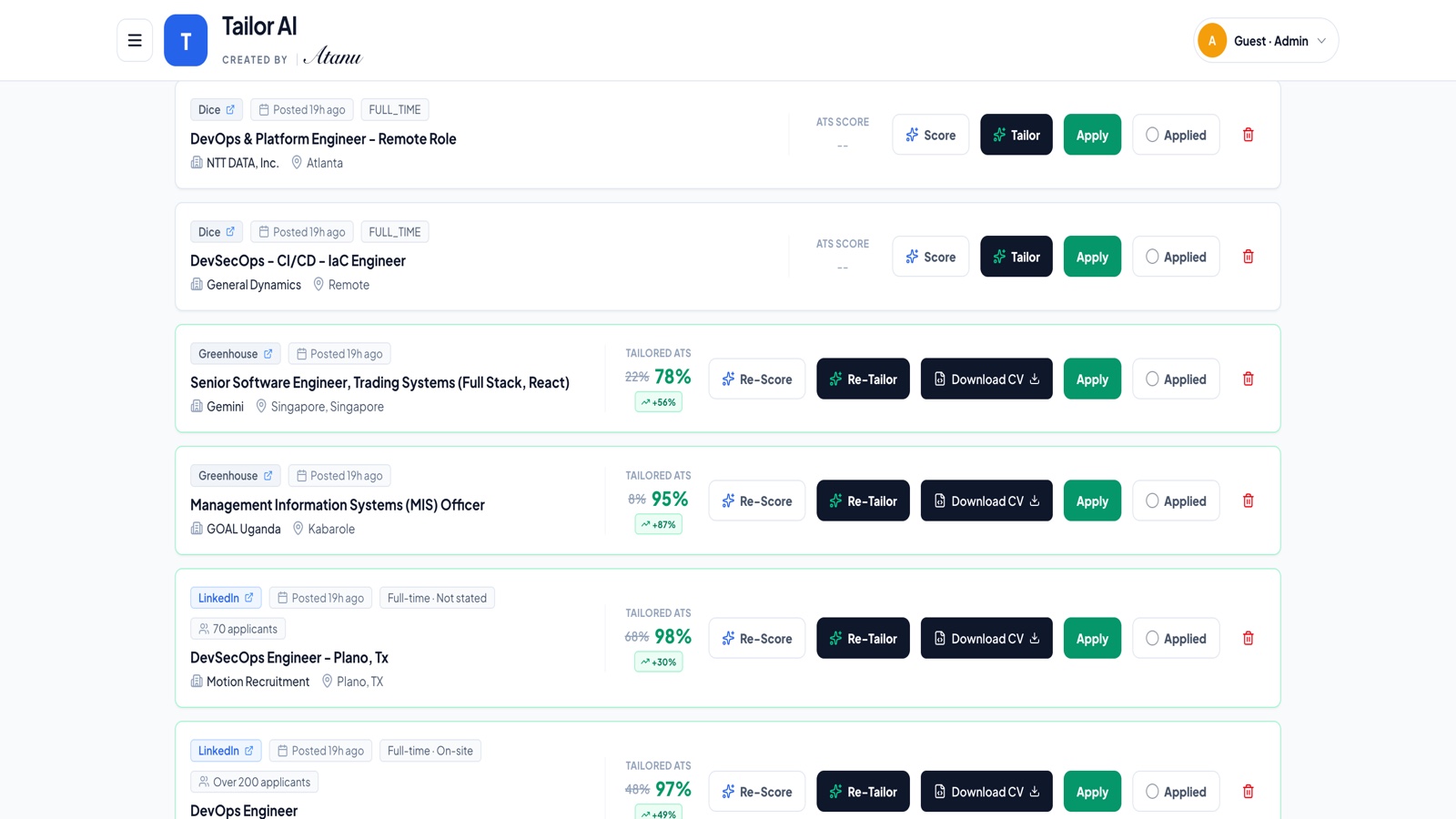 Job list with AI ATS scores — Tailored ATS before/after pills on every card